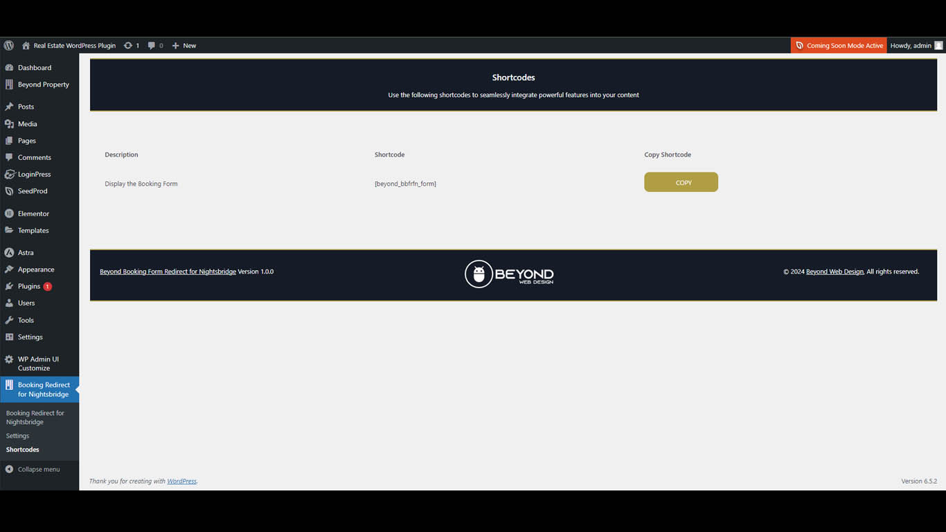 Beyond Booking Form Redirect for NightsBridge plugin for WordPress Screenshots Admin Shortcodes